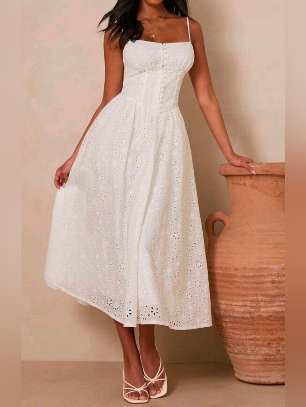 New Boho Embroidered Eyelet Lace Ruched Milkmaid Cami Midi Dress White